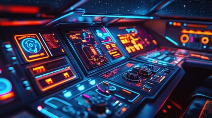 Futuristic spaceship control panel with glowing neon lights and digital displays.