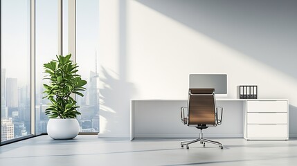Poster - Elegant Office with Large Windows and Modern Desk Overlooking City Skyline : Generative AI