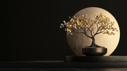 Poster - A decorative bonsai tree with golden leaves against a circular backdrop, symbolizing elegance.
