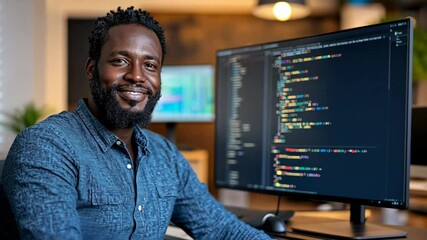 Smiling programmer working on coding project in modern office space during daytime