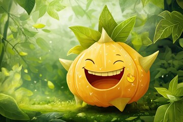 Poster - A Happy Spiky Pumpkin in a Lush Green Forest