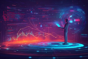 Poster - Futuristic Businessman Analyzing Data in a High-Tech Environment with Graphs and Digital Visualizations Surrounding Him