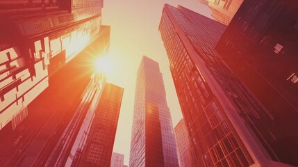 Poster - A dramatic urban skyline at sunset, highlighting towering buildings and vibrant colors.