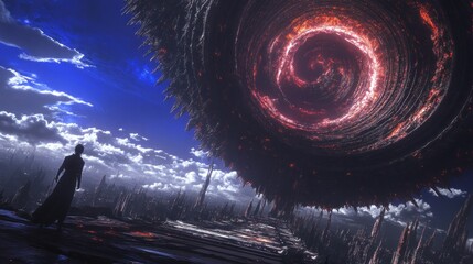 Aufkleber - A figure stands before a massive swirling vortex in a dramatic, otherworldly landscape.