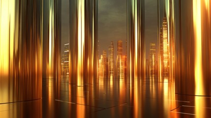 Aufkleber - A futuristic cityscape with towering golden pillars reflecting light.