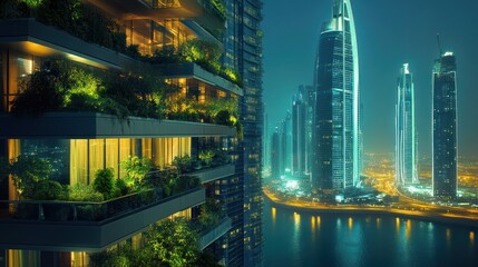 Poster - A futuristic cityscape featuring green balconies and illuminated skyscrapers by the water.
