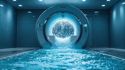 Aufkleber - A futuristic MRI machine surrounded by flowing water, blending technology and nature.
