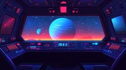 Poster - A futuristic spacecraft cockpit overlooking a vibrant alien landscape with planets.