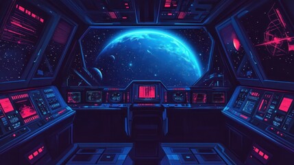 Poster - A futuristic spaceship cockpit overlooking a vibrant blue planet in space.