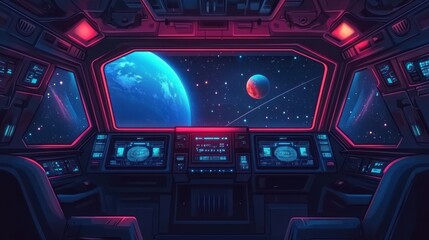 Poster - A futuristic spaceship cockpit overlooking planets in space, illuminated with neon colors.