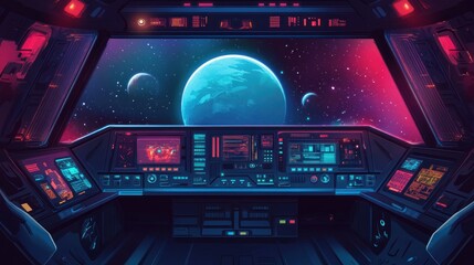 Poster - A futuristic spaceship cockpit with control panels and a view of distant planets.