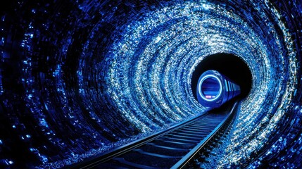 Aufkleber - A futuristic tunnel with glowing lights and railway tracks leading into the distance.