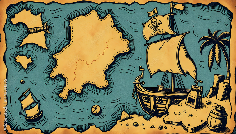 Pirate fantasy treasure map illustration in a vintage retro engraved ...
