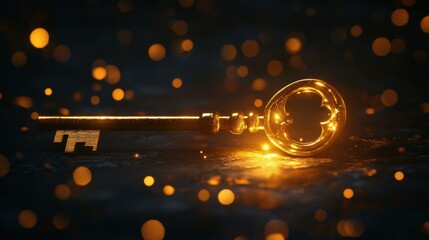 Poster - A glowing golden key lies on a dark surface, surrounded by sparkling particles.