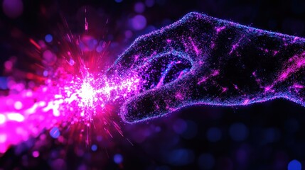 Poster - A glowing hand reaching out, creating sparks of energy in a cosmic setting.