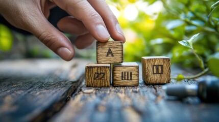 Poster - A hand places wooden blocks with symbols on a rustic surface surrounded by greenery.