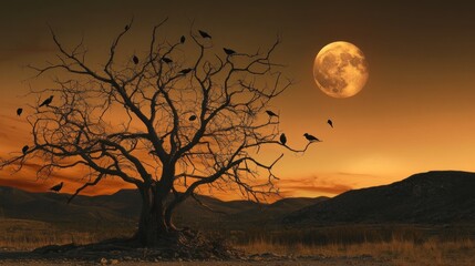 Poster - A haunting landscape featuring a bare tree silhouetted against a dramatic sunset and full moon.