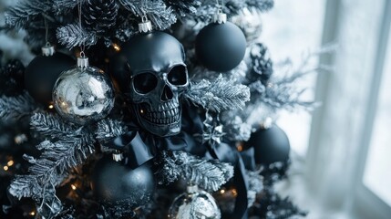 Eerie winter wonderland scene featuring a darkly decorated Christmas tree with black ornaments, silver skulls, and dark ribbons on white background.