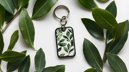 Wall Mural - Displaying a keychain design among olive leaves Blank white sublimated key chain