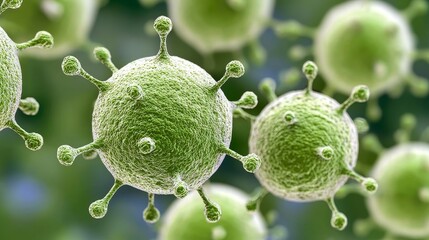 Poster - Microscopic View of Green Viruses with Spike Proteins in a Soft Focus Background for Scientific Use
