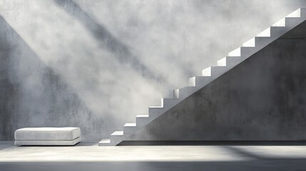 Aufkleber - A minimalist interior featuring a staircase and a simple bench under soft light.