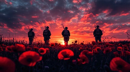 Wall Mural - Silhouette of soldiers in red poppy flowers and dramatic sky background. Lest we forget, Remembrance Day, Memorial, Armistice day, Anzac day background