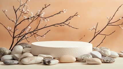 Leinwandbilder - A minimalistic display featuring stones and branches, ideal for product showcasing.