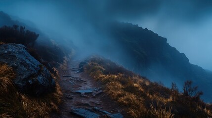 Aufkleber - A misty mountain path winding through rocky terrain, evoking a sense of adventure and mystery.
