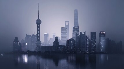 Aufkleber - A misty skyline of a modern city, showcasing towering skyscrapers and reflections on water.