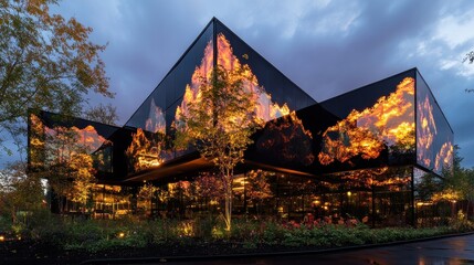 Aufkleber - A modern architectural structure reflecting vibrant colors against a dramatic sky.