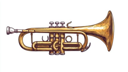 Wall Mural - illustration of a brass cornet illustrated from the front, set against a white background for graphic applications.