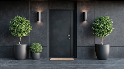 Aufkleber - A modern entrance featuring a black door, planters, and wall lights.