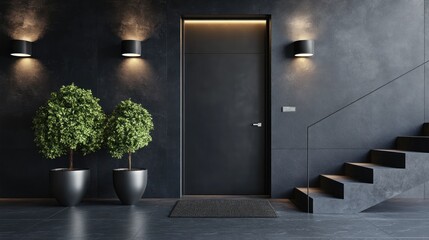Aufkleber - A modern entryway featuring a sleek door, stylish lighting, and decorative plants.