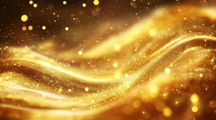 Poster - luxurious golden background with a glowing wave and scattered golden particles