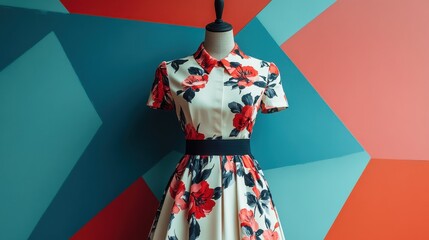 Wall Mural - Floral Patterned Dress on Mannequin Against Bold Geometric Wall