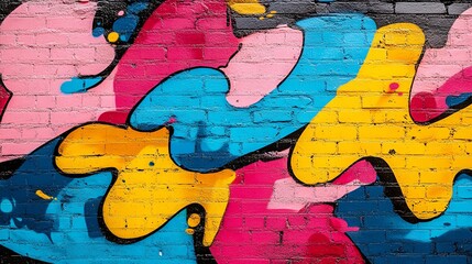 Poster - A vibrant graffiti mural featuring abstract shapes in pink, blue, and yellow on a brick wall.