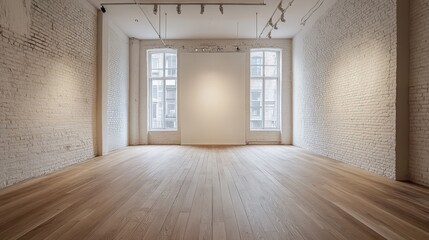 Poster - An empty room with a wooden floor and white brick walls