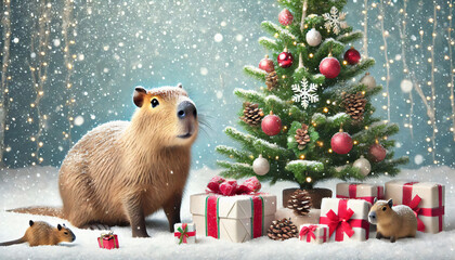 Cute Capybara playing with Christmas tree and Christmas gift