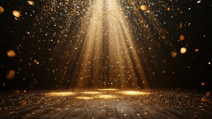 Poster - golden confetti rain on festive stage with light beam in the middle, empty room at night mockup with