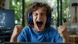 © PaulShlykov - Enthusiastic young gamer celebrates victory with excitement at home during a casual gaming session