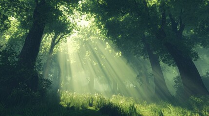 Aufkleber - A serene forest scene with sunlight streaming through trees, creating a tranquil atmosphere.