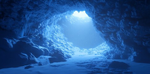 Poster - A serene icy cave illuminated by soft light, evoking a tranquil winter atmosphere.