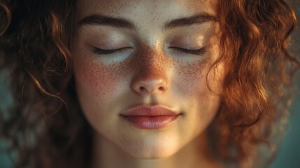 Wall Mural - Close-up shot of a woman's face with her eyes closed, possibly in meditation or contemplation