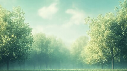 Aufkleber - A serene landscape featuring lush trees and a misty atmosphere.