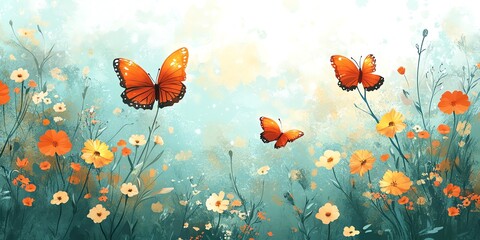 Aufkleber - A serene illustration of butterflies among colorful flowers in a tranquil environment.
