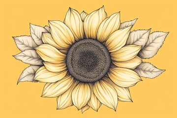Poster - A vibrant sunflower illustration with detailed petals and leaves on a yellow background.