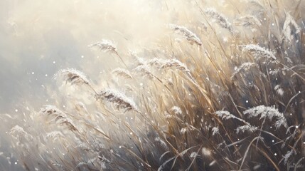 Poster - A serene landscape featuring tall grasses dusted with snow, evoking tranquility and nature's beauty.