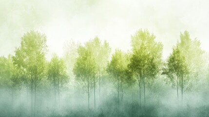 Aufkleber - A serene landscape of misty trees in various shades of green, evoking tranquility and nature.