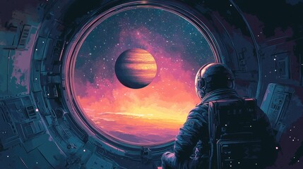 Wall Mural - an isolated space traveler drifts peacefully, admiring a distant planet through a spacecraft's porta