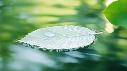 Poster - A serene leaf floating on water, adorned with droplets, amidst a tranquil green backdrop.